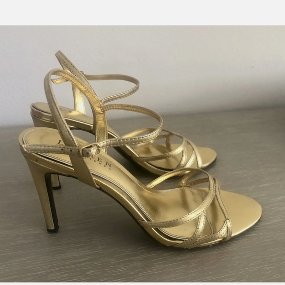 Ralph Lauren Gold Sammy Leather Strappy High Heel Sandals - Picture 7 of 8